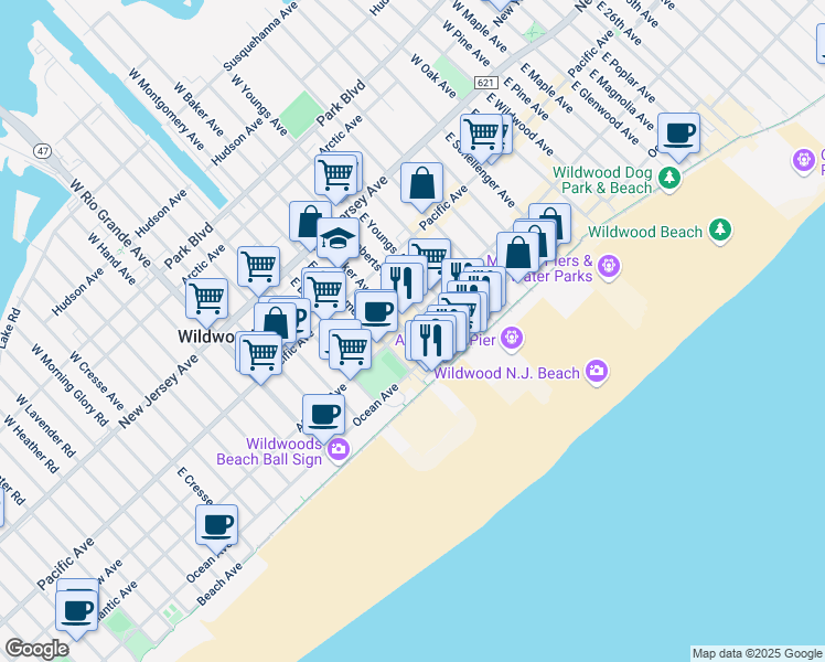 map of restaurants, bars, coffee shops, grocery stores, and more near 4401 Atlantic Avenue in Wildwood