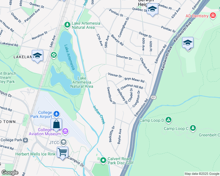 map of restaurants, bars, coffee shops, grocery stores, and more near 7519 Sweetbriar Drive in College Park