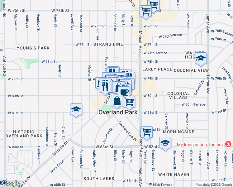 map of restaurants, bars, coffee shops, grocery stores, and more near 7322 West 80th Street in Overland Park