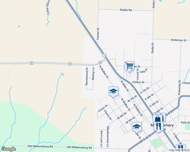 map of restaurants, bars, coffee shops, grocery stores, and more near 1070 Bishop Lane in Montgomery City