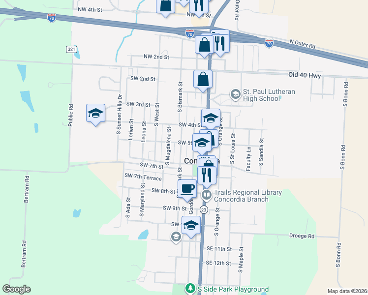 map of restaurants, bars, coffee shops, grocery stores, and more near 411 South Bismark Street in Concordia
