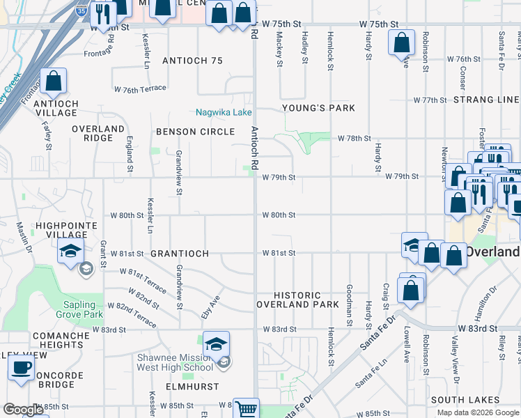 map of restaurants, bars, coffee shops, grocery stores, and more near 7919 Antioch Road in Overland Park