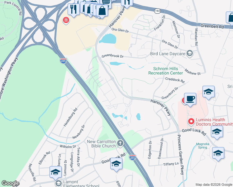 map of restaurants, bars, coffee shops, grocery stores, and more near 6932 Hanover Parkway in Greenbelt
