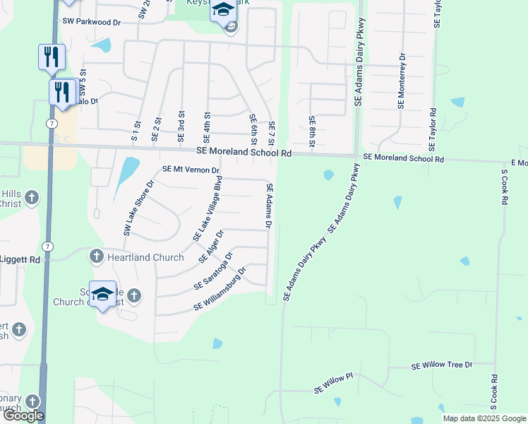 map of restaurants, bars, coffee shops, grocery stores, and more near 3316 Southeast Adams Drive in Blue Springs
