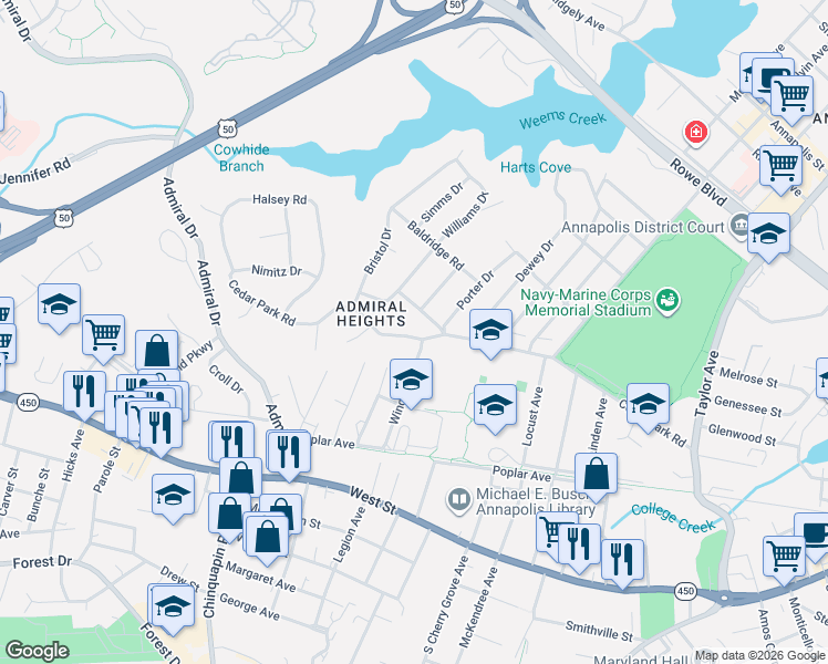map of restaurants, bars, coffee shops, grocery stores, and more near 31 Goodrich Road in Annapolis