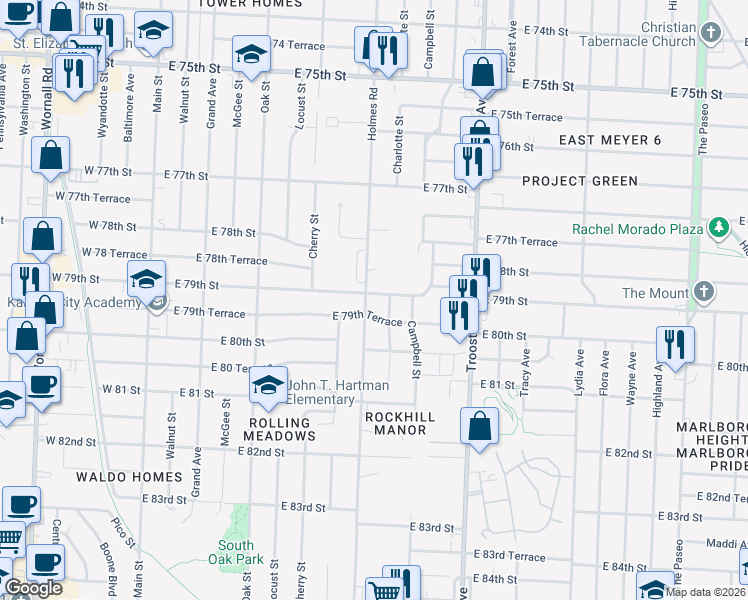 map of restaurants, bars, coffee shops, grocery stores, and more near 7850 Holmes Road in Kansas City