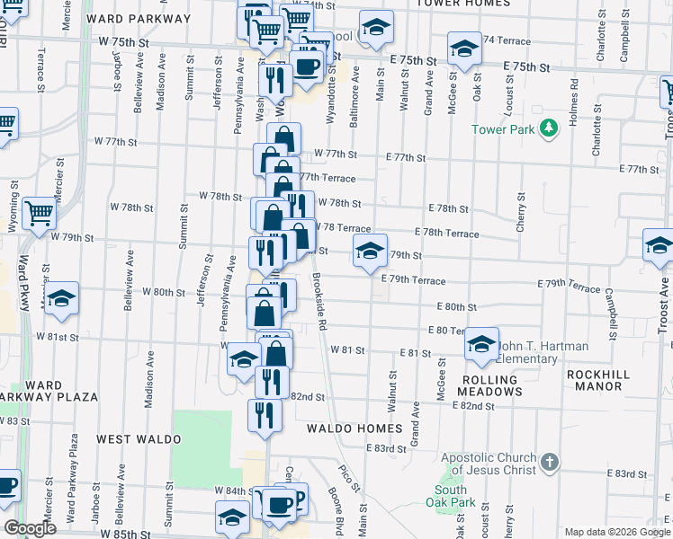 map of restaurants, bars, coffee shops, grocery stores, and more near 102 West 79th Street in Kansas City