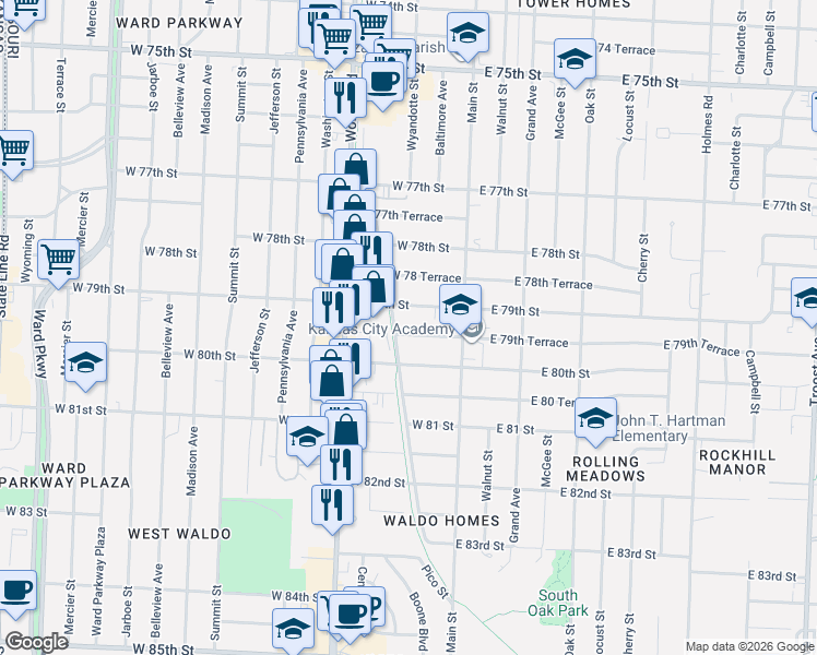 map of restaurants, bars, coffee shops, grocery stores, and more near 102 West 79th Street in Kansas City