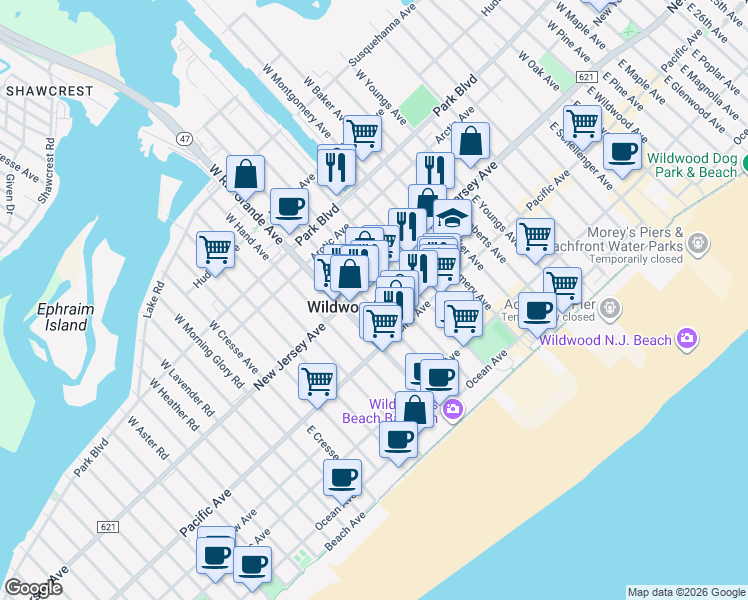 map of restaurants, bars, coffee shops, grocery stores, and more near 101 East Andrews Avenue in Wildwood