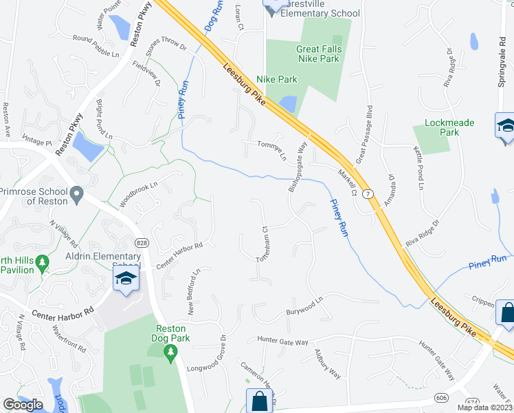 map of restaurants, bars, coffee shops, grocery stores, and more near 1206 Tottenham Court in Reston