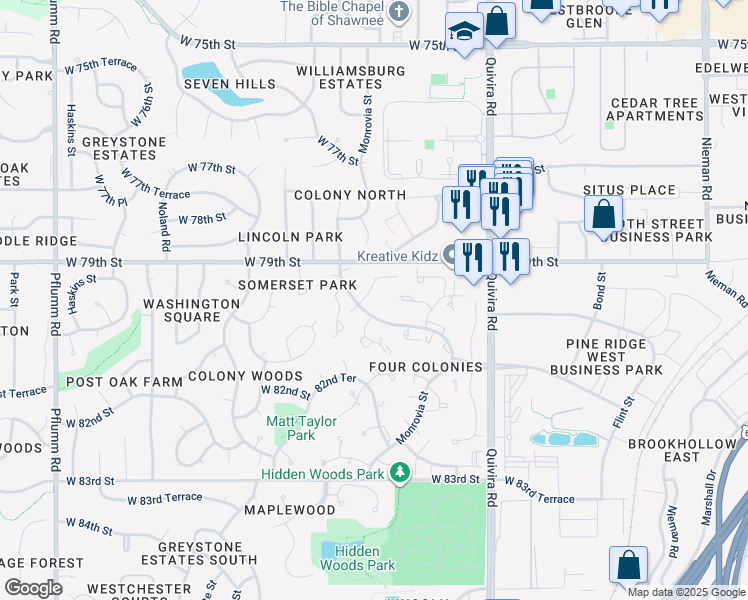 map of restaurants, bars, coffee shops, grocery stores, and more near 12209 West 79th Terrace in Lenexa