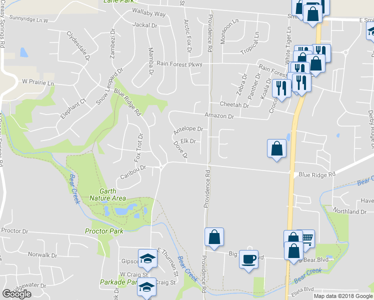 map of restaurants, bars, coffee shops, grocery stores, and more near 3212 Dove Drive in Columbia