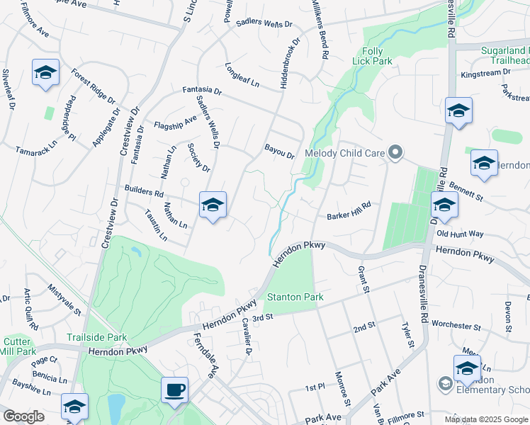 map of restaurants, bars, coffee shops, grocery stores, and more near 1616 Winterwood Place in Herndon