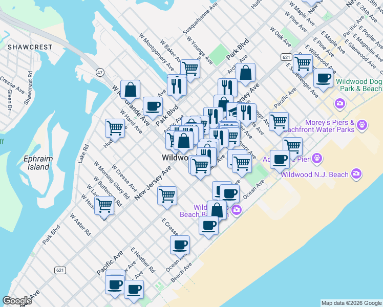 map of restaurants, bars, coffee shops, grocery stores, and more near 101 East Andrews Avenue in Wildwood