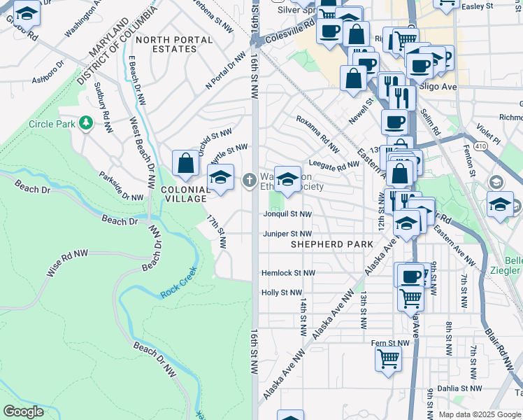 map of restaurants, bars, coffee shops, grocery stores, and more near 7721 16th Street Northwest in Washington