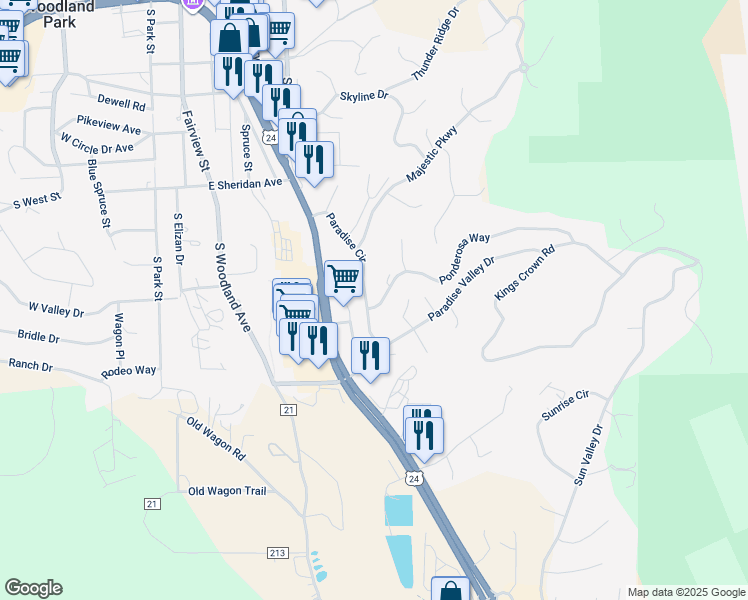 map of restaurants, bars, coffee shops, grocery stores, and more near 900 Ponderosa Way in Woodland Park