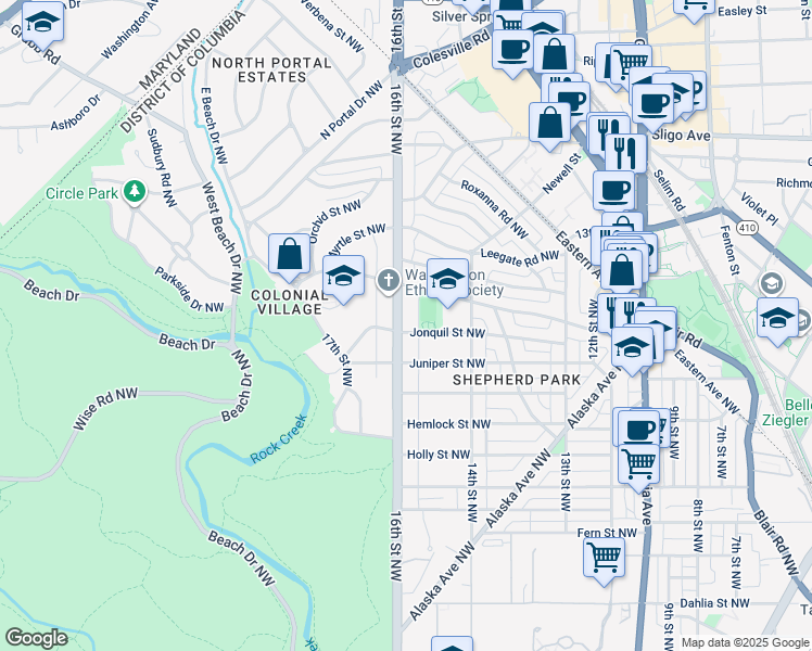 map of restaurants, bars, coffee shops, grocery stores, and more near 7721 16th Street Northwest in Washington