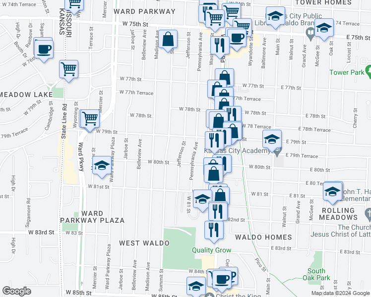 map of restaurants, bars, coffee shops, grocery stores, and more near 7919 Jefferson Street in Kansas City