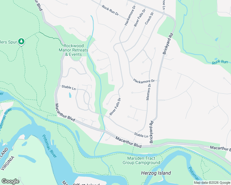 map of restaurants, bars, coffee shops, grocery stores, and more near 7500 River Falls Drive in Potomac