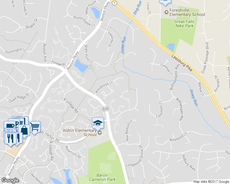 map of restaurants, bars, coffee shops, grocery stores, and more near 1225 Woodbrook Court in Reston