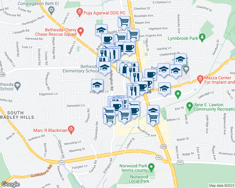 map of restaurants, bars, coffee shops, grocery stores, and more near 7453 Arlington Road in Bethesda