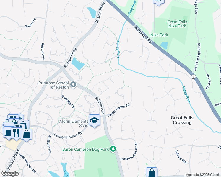 map of restaurants, bars, coffee shops, grocery stores, and more near 1225 Woodbrook Court in Reston
