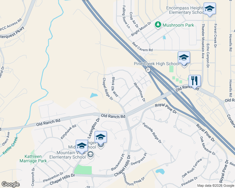 map of restaurants, bars, coffee shops, grocery stores, and more near 3010 White Hawk Tr in Colorado Springs