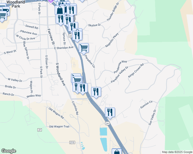 map of restaurants, bars, coffee shops, grocery stores, and more near 329 Paradise Circle in Woodland Park