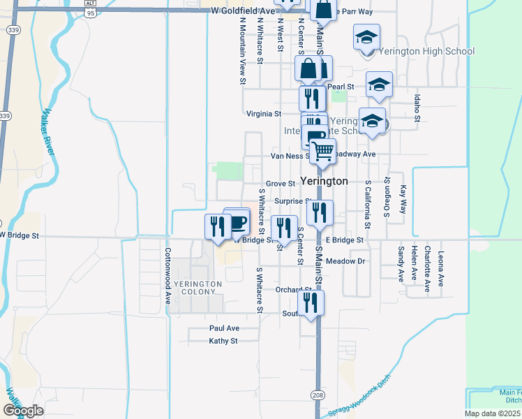 map of restaurants, bars, coffee shops, grocery stores, and more near 306 Surprise Street in Yerington
