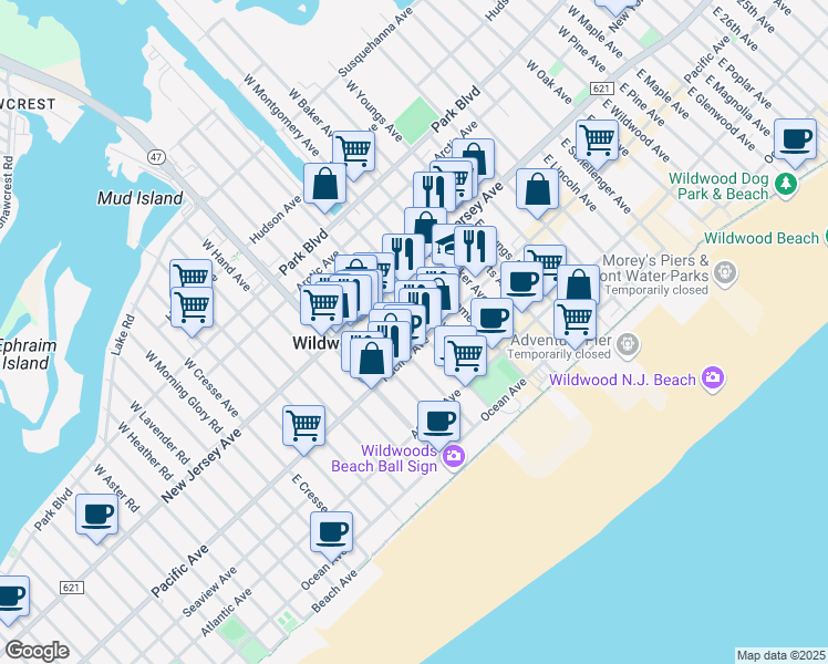 map of restaurants, bars, coffee shops, grocery stores, and more near 141 East Burk Avenue in Wildwood