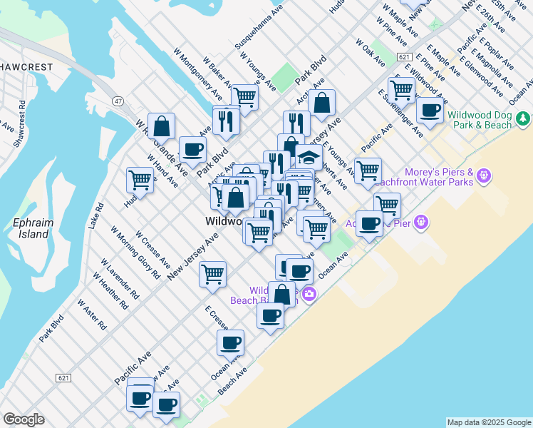 map of restaurants, bars, coffee shops, grocery stores, and more near 101 East Andrews Avenue in Wildwood