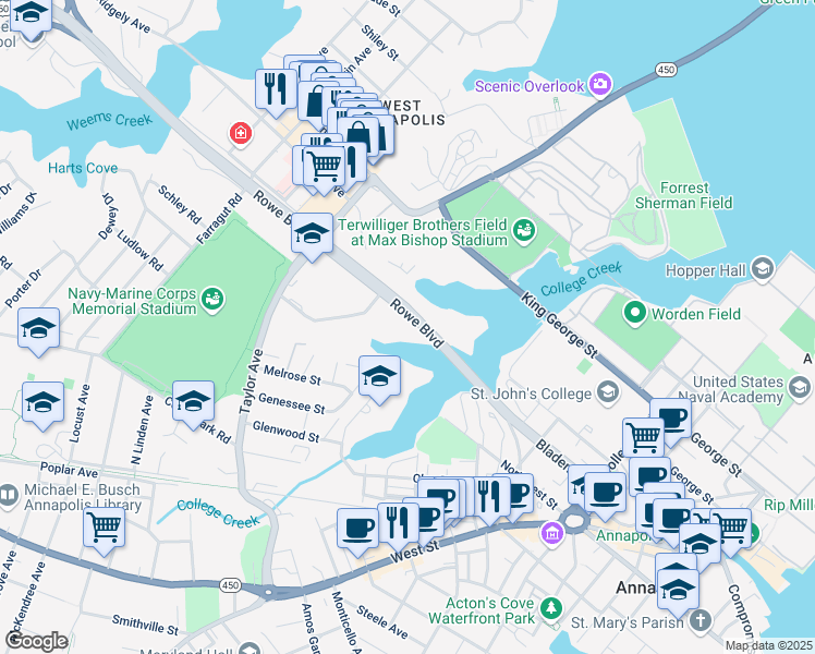 map of restaurants, bars, coffee shops, grocery stores, and more near 3798 Media Lane in Bowie