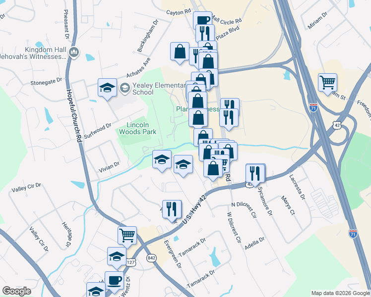 map of restaurants, bars, coffee shops, grocery stores, and more near 8405-9199 Preakness Drive in Florence