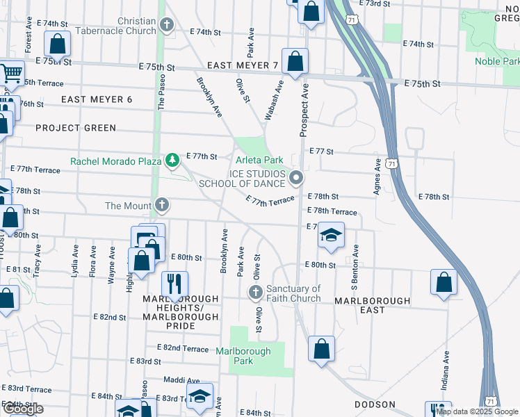 map of restaurants, bars, coffee shops, grocery stores, and more near 2252 East 77th Terrace in Kansas City