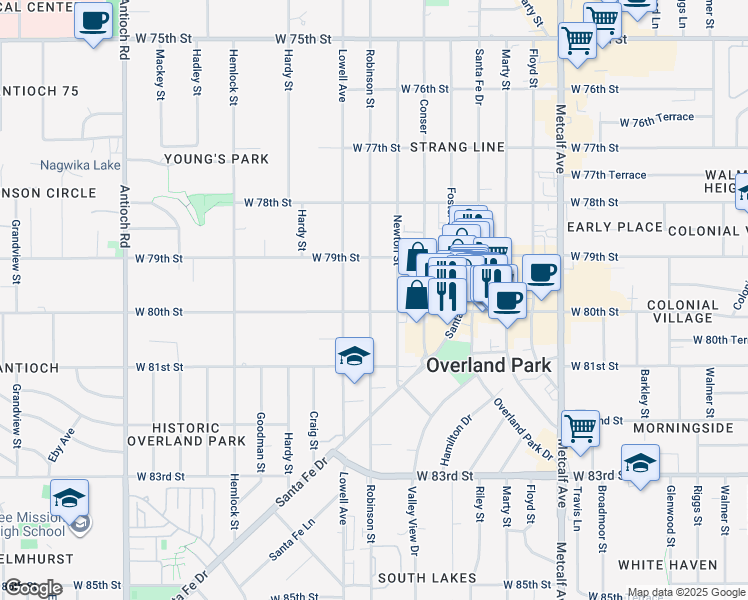 map of restaurants, bars, coffee shops, grocery stores, and more near 7921 Robinson Street in Overland Park