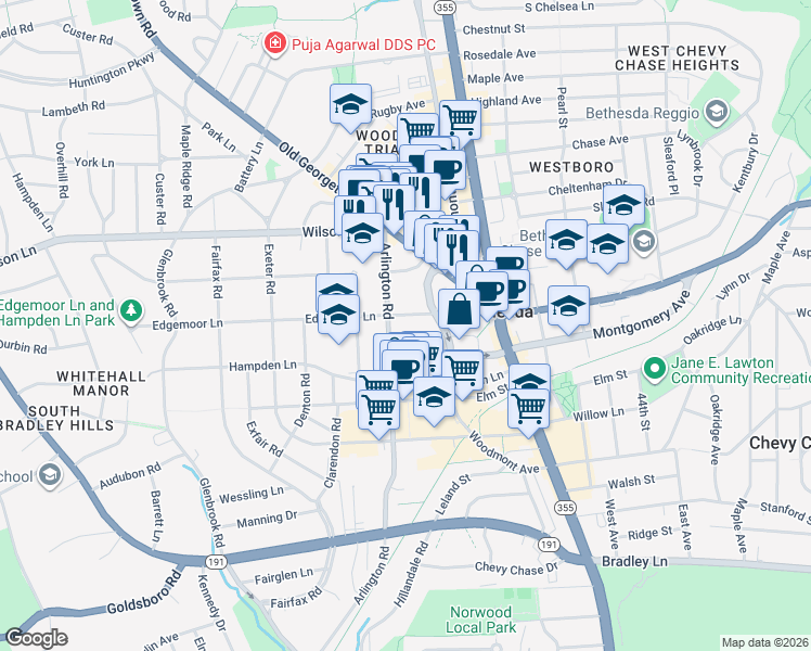 map of restaurants, bars, coffee shops, grocery stores, and more near 7453 Arlington Road in Bethesda