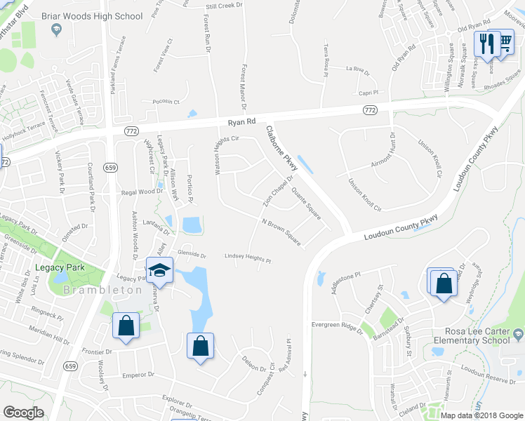 map of restaurants, bars, coffee shops, grocery stores, and more near Zion Chapel Drive in Ashburn