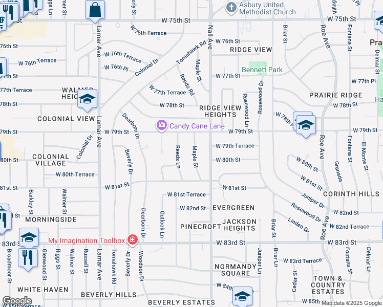 map of restaurants, bars, coffee shops, grocery stores, and more near 7934 Maple Street in Prairie Village