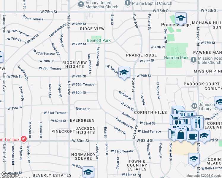map of restaurants, bars, coffee shops, grocery stores, and more near 4818 West 80th Street in Prairie Village