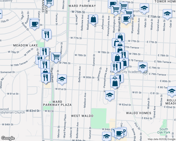 map of restaurants, bars, coffee shops, grocery stores, and more near 7902 Madison Avenue in Kansas City