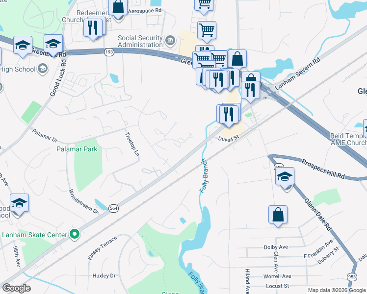 map of restaurants, bars, coffee shops, grocery stores, and more near 6813 Storch Court in Lanham