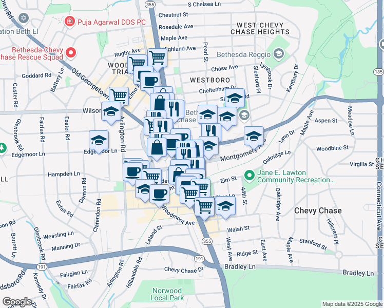 map of restaurants, bars, coffee shops, grocery stores, and more near 4600 East West Highway in Bethesda