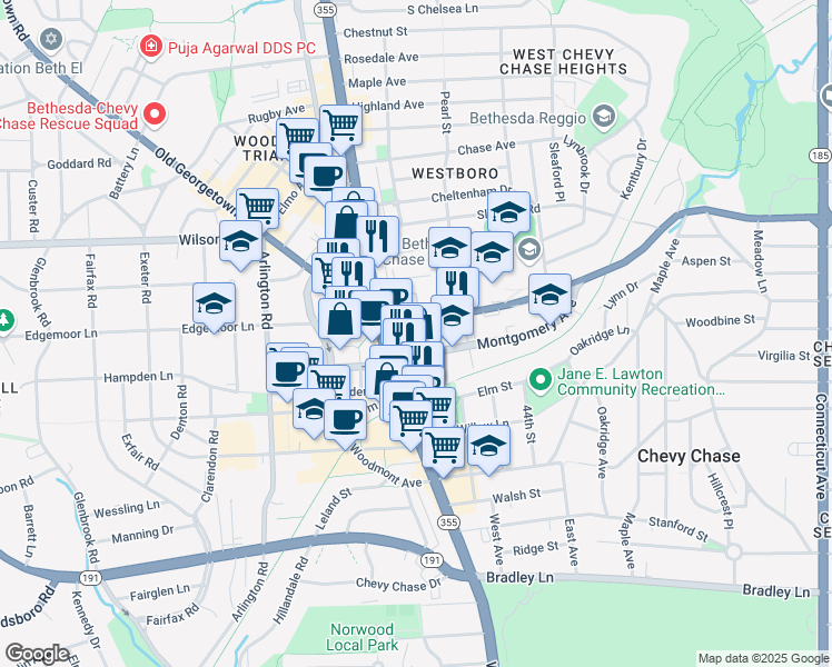 map of restaurants, bars, coffee shops, grocery stores, and more near 4600 East West Highway in Bethesda