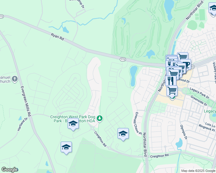 map of restaurants, bars, coffee shops, grocery stores, and more near Baby Fawn Square in Brambleton