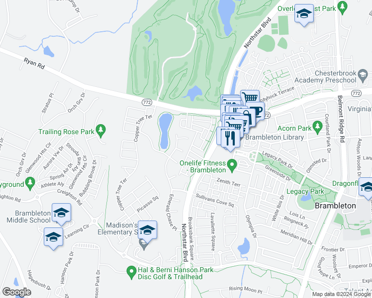 map of restaurants, bars, coffee shops, grocery stores, and more near 42242 Fawn Ridge Court in Ashburn