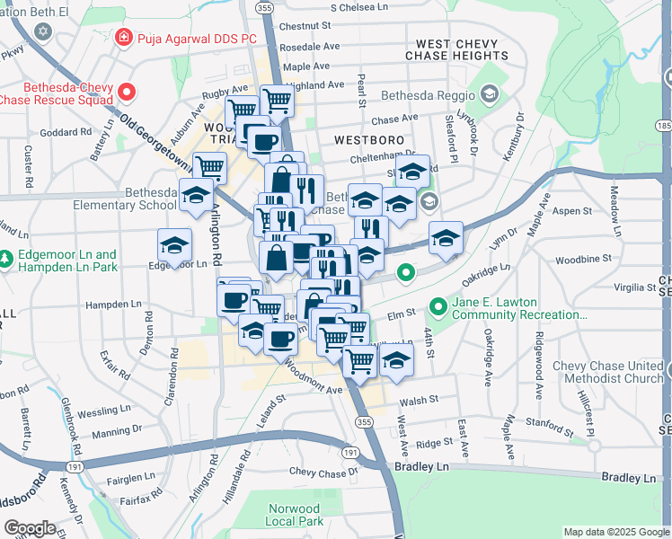 map of restaurants, bars, coffee shops, grocery stores, and more near 4600 East-West Highway in Bethesda