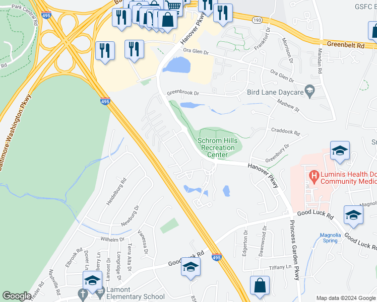 map of restaurants, bars, coffee shops, grocery stores, and more near 6934 Hanover Parkway in Greenbelt