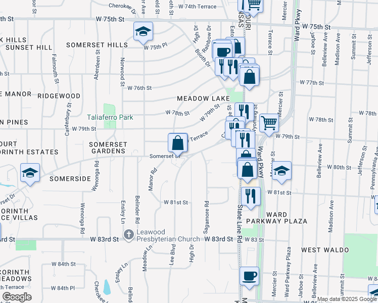 map of restaurants, bars, coffee shops, grocery stores, and more near 2324 Somerset Drive in Prairie Village