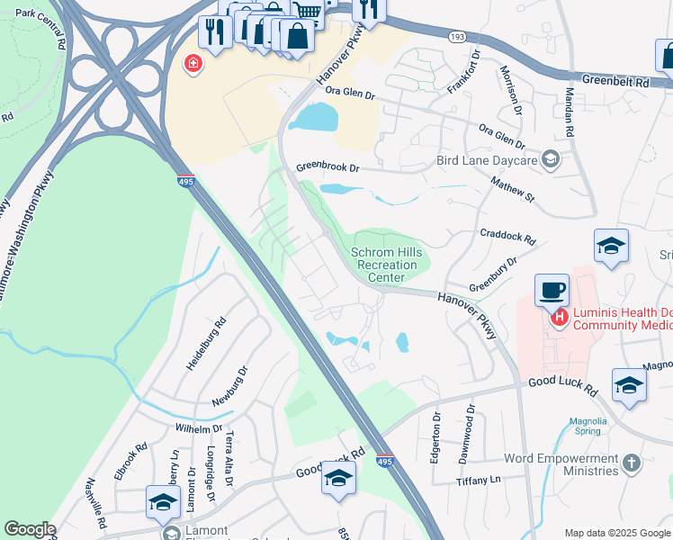 map of restaurants, bars, coffee shops, grocery stores, and more near 6934 Hanover Parkway in Greenbelt