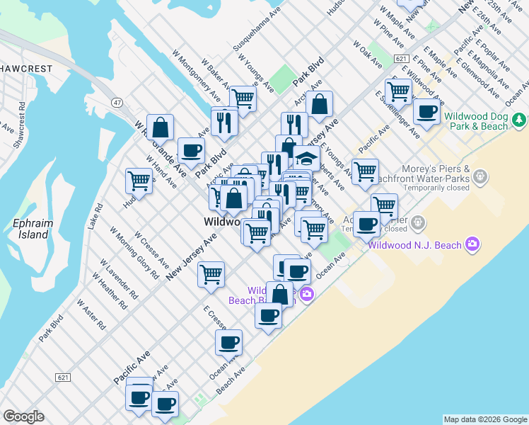 map of restaurants, bars, coffee shops, grocery stores, and more near 101 East Andrews Avenue in Wildwood
